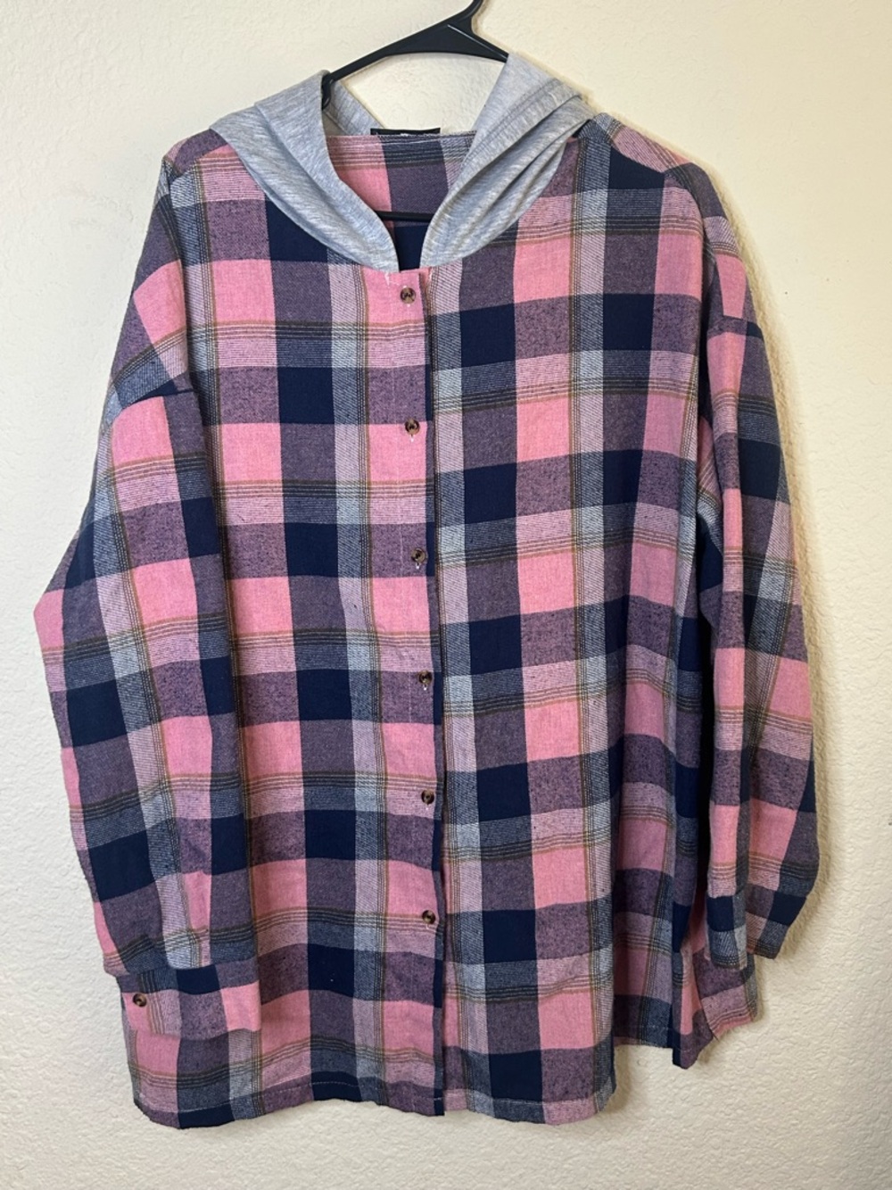 SHEIN Curve Pink Gray Blue Plaid Button Up Shirt Hood Size XXL Flannel Button Up